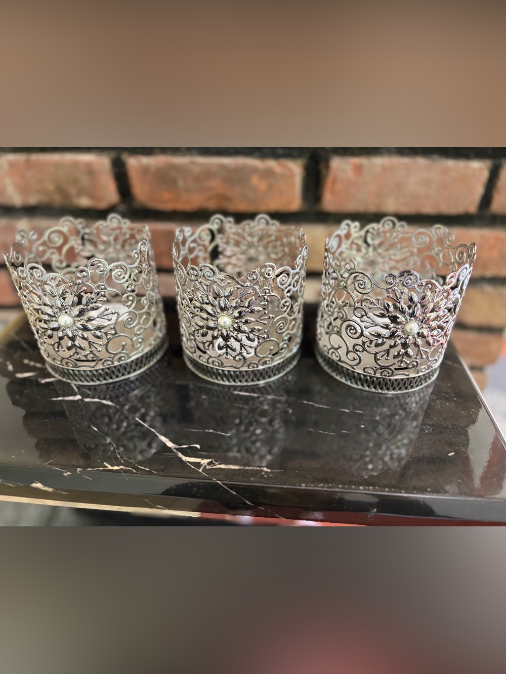 Bath and body Works Ornate Silver Floral Filigree Tea Light Holders - Set of 3